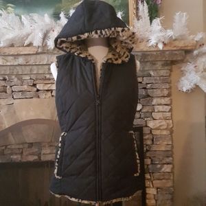 Zip Hooded Faux Fur Animal Print and Black Parka